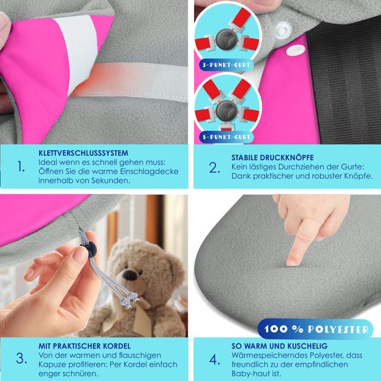 KIDIZ® Baby Slaapzak voor Buggy Voetenzak voor Autostoeltje & Wandelwagen Babyschaal, voor Winter met Kap + Babyslaapzak Deken voor Maxi-Cosi & Kinderwagen alle Gordelsystemen 3 & 5-Puntsgordel - Grijs / Roze van Merkloos — afbeelding 5
