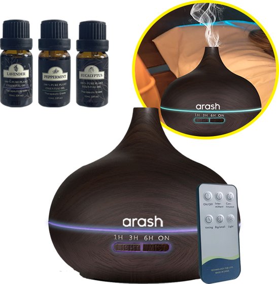 arash® Aroma Diffuser 550 ml avec télécommande - Comprend 3 huiles essentielles - Aspect bois élégant - 7 couleurs LED - Humidificateur d'air - Diffuseur d'arômes - Diffuseur de parfum - Cadeau Perfect pour les femmes et les hommes