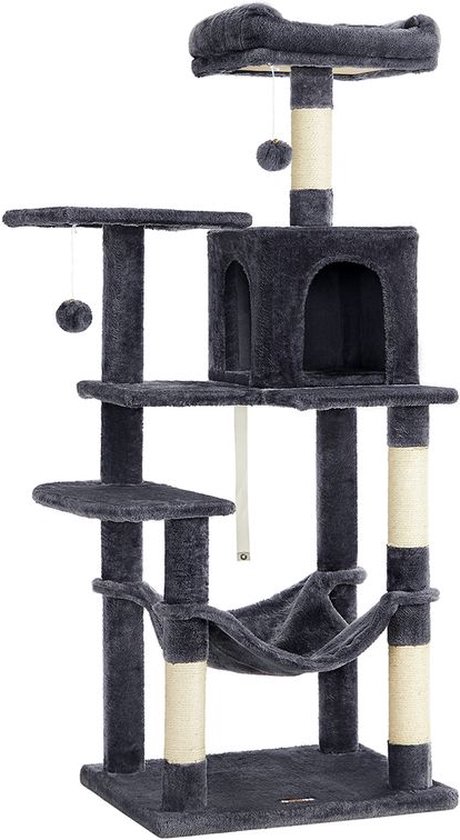 PawHut krabpaal voor katten, klimboom van hout, met grot ,speelballen, stabiel, pluche, 130 cm