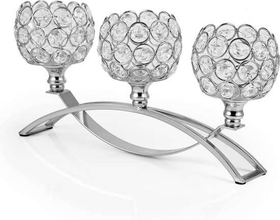 3-armige kristallen kaarsenhouder, theelichthouder van kristalboog, tafellamp, middenstukken voor bruiloften bij kaarslicht, diner, decoratieve woonaccessoires, zilver
