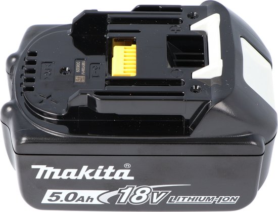 Zwarte Makita 18V 5.0Ah Li-ion accu met witte ontgrendelingsknop en gele connector.