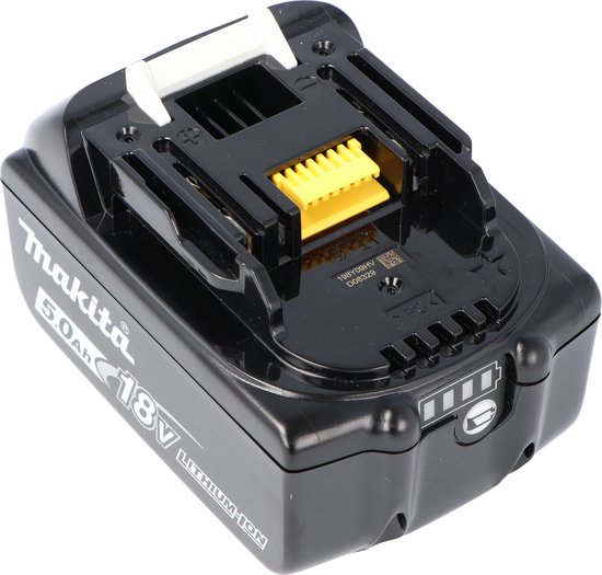 Zwarte Makita 18V Lithium-Ion accu, 5.0Ah, met 4 LED-indicatoren en gele connector.