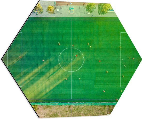 Dibond Hexagon - Bovenaanzicht van Voetballers op Voetbakveld - 60x52.2 cm Foto op Hexagon (Met Ophangsysteem)