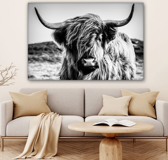 Canvas schilderij - Schotse hooglander zwart wit 120x80 - Kamer decoratie accessoires koe - Dieren schilderijen woonkamer - Wanddecoratie slaapkamer - Muurdecoratie keuken - Wanddoek interieur binnen - Woondecoratie huis - Woonaccessoires