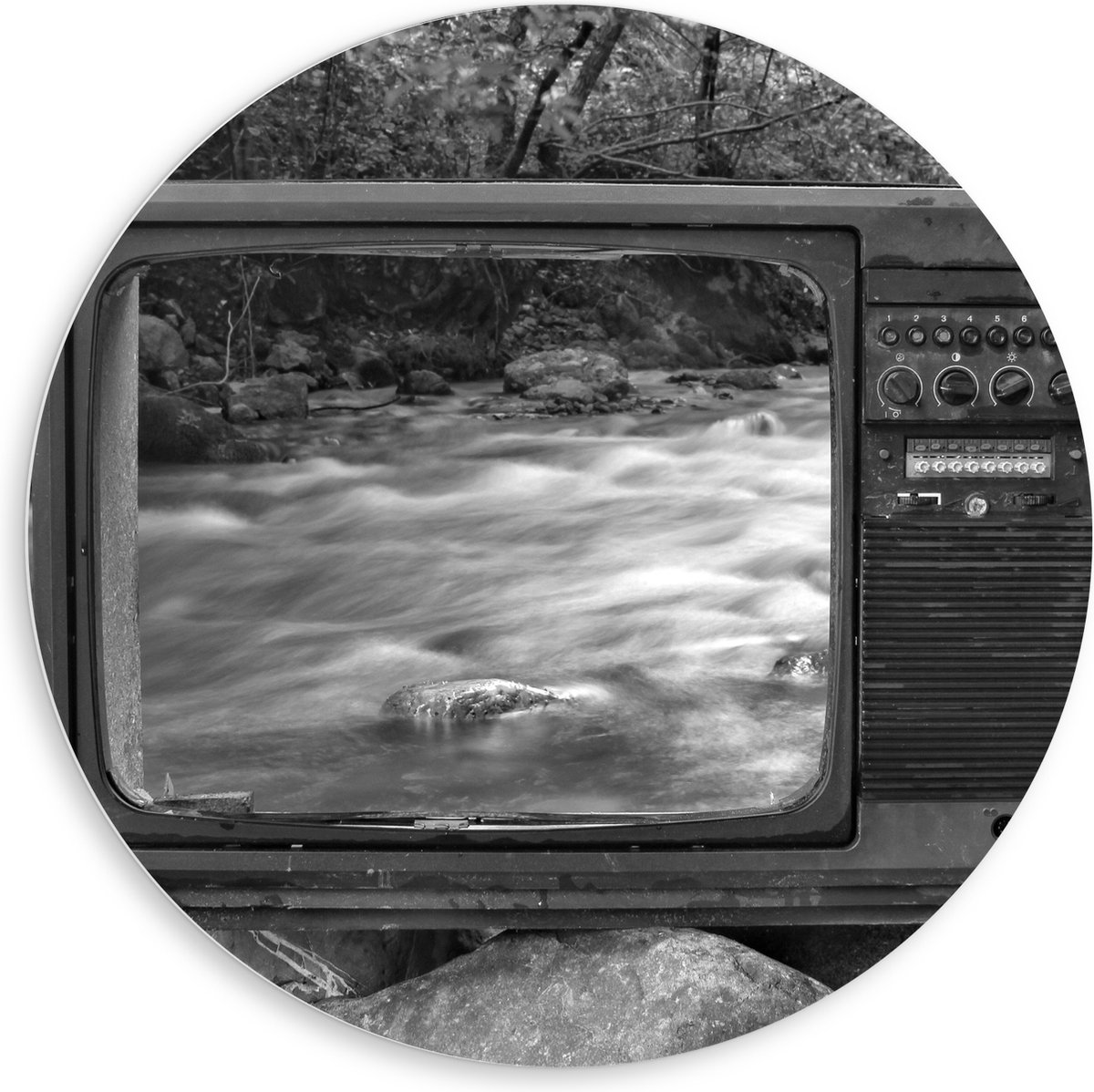PVC Schuimplaat Muurcirkel - Oude Vintage Televisie met Doorkijk op Rivier (Zwart-wit) - 80x80 cm Foto op Muurcirkel (met ophangsysteem)