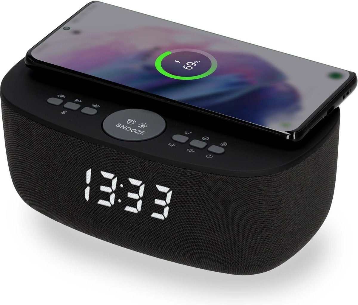 PORFOYO Digitale wekker, wekker met laadstation, radiowekker, radioklok, digitaal met bluetooth-luidspreker, 6 kleuren, nachtlampje, 15 W, draadloze