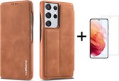 Luxe Telefoonhoesje voor Samsung Galaxy S22 Ultra | Hoogwaardig Leren Bookcase | Luxe Uitstraling | Flip Case | Portemonnee | Bruin + 1x Screenprotector