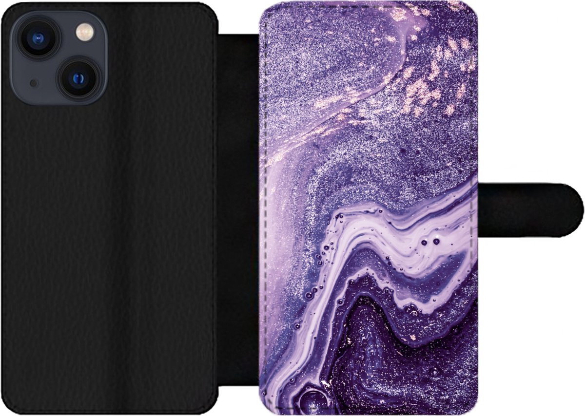 Telefoonhoesje Geschikt voor iPhone 13 Mini telefoonhoesje - Natuursteen - Glitter - Luxe - Met vakjes - Wallet case met magneetsluiting