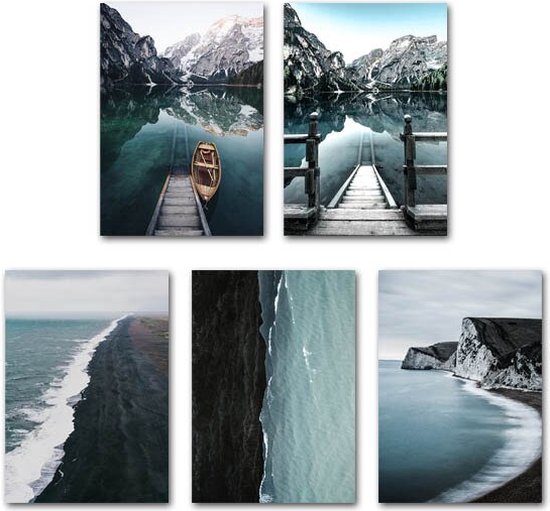 Scandinavische Natuur Posters - Boot Meren Zee - 5 stuks - A4 formaat - Poster - Wanddecoratie - Kunst