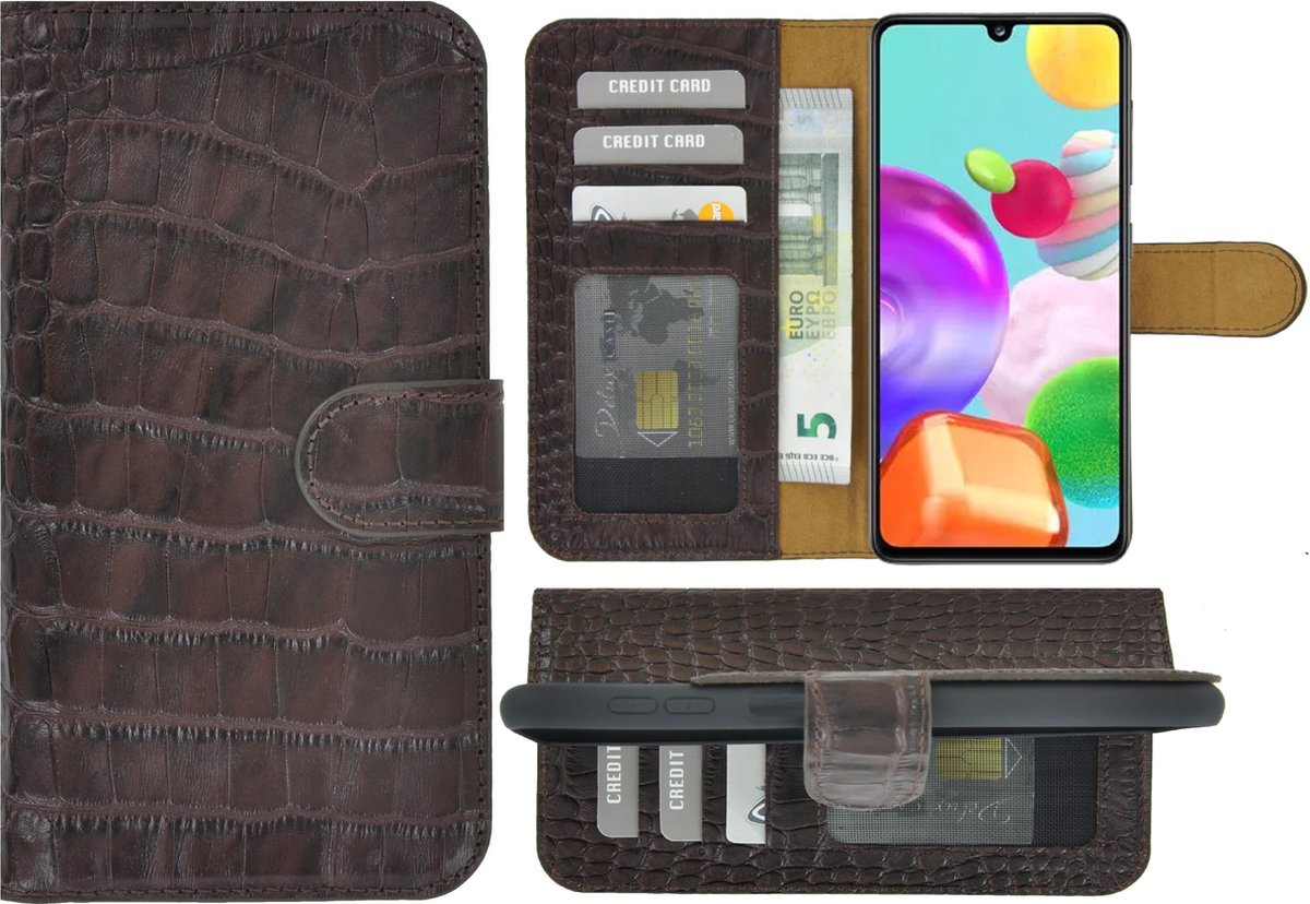 Hoesje Geschikt voor Samsung Galaxy A41 - Bookcase - A41 Wallet Book Case Echt Leer Croco Chocoladebruin Cover