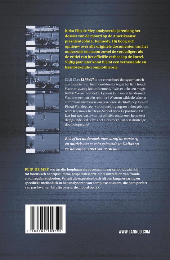 Achterkant boek 'Cold Case Kennedy'. Bevat een collageweergave van zwart-wit foto's.