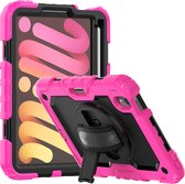 Geschikt Voor: iPad Mini 6 (2021) Tablet Kids case - Armor Case - Schermbeschermer - ShockProof - Handstrap - met Schouderband - Zwart / Roze - ZT Accessoires