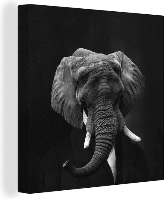 Tableau Peinture sur Toile - Éléphant d'Afrique - Zwart - Wit - 90x90 cm - Décoration murale