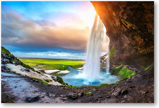 Seljalandsfoss waterval - zonsondergang - 90x60 Canvas Liggend - Landschap - Natuur