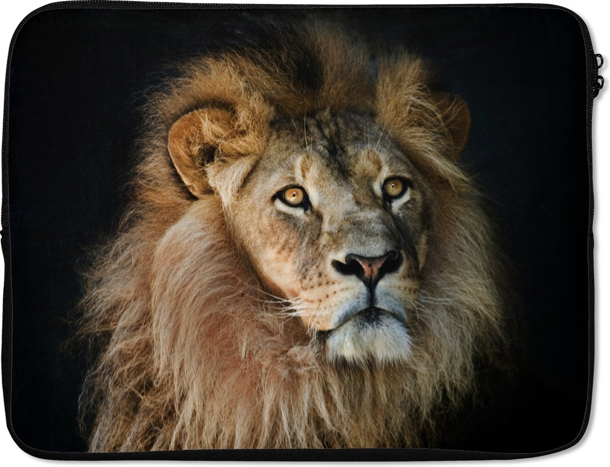 Laptophoes 15.6 inch - Leeuwen - Profiel - Zwart - Laptop sleeve - Binnenmaat 37x26 cm - Zwarte achterkant