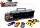 Vrachtwagen transporter truck - speelgoed mini auto's - 6-delig set koffer - Oplegger voor 12 auto's- 31cm