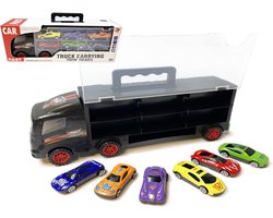 Vrachtwagen transporter truck - speelgoed mini auto's - 6-delig set koffer - Oplegger voor 12 auto's- 31cm