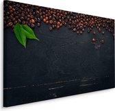 Schilderij - Koffiebonen op een Zwart Houten Tafel, Premium Print