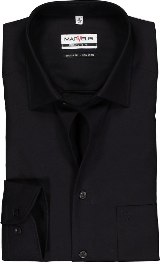 MARVELIS Comfort Fit overhemd - zwart - Strijkvrij - Boordmaat: