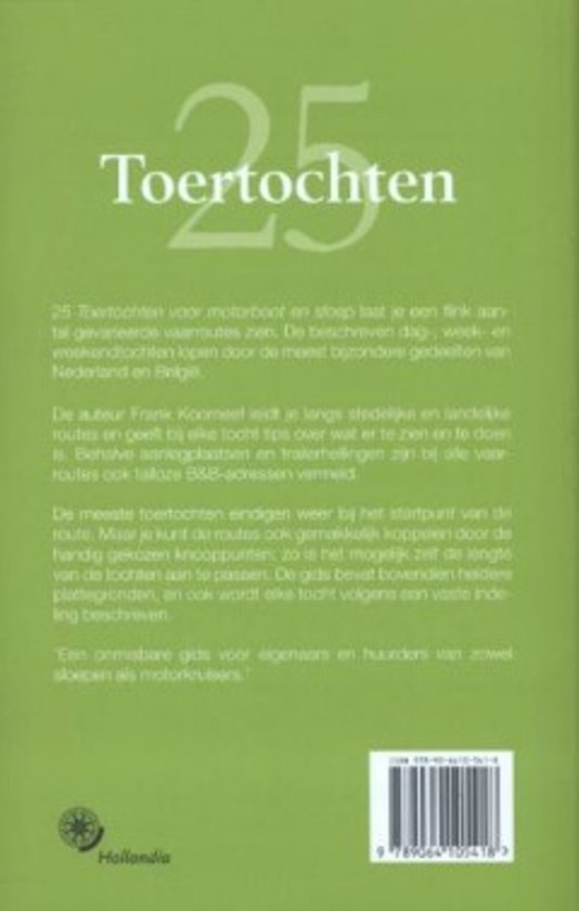 Achterkant boek '25 Toertochten voor motorboot en sloep' met tekst en ISBN.