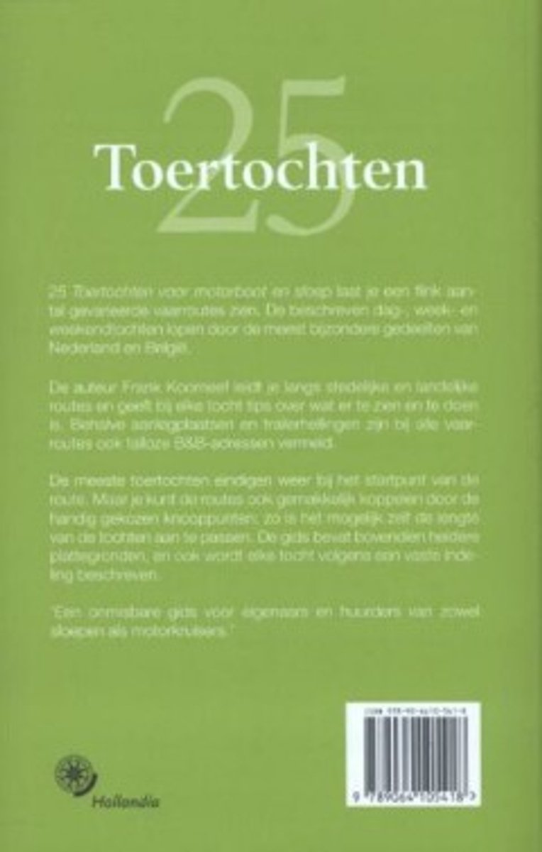 Achterkant boek '25 Toertochten voor motorboot en sloep' met tekst en ISBN.