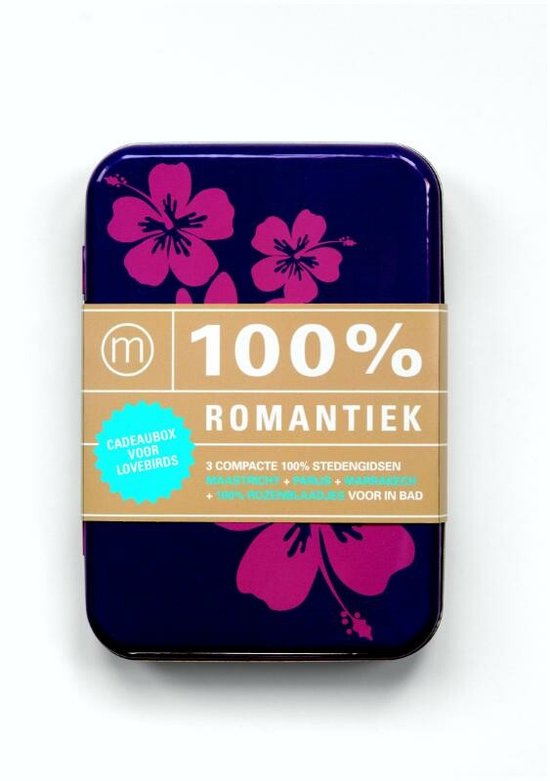 Donkerblauwe cadeaubox met roze hibiscusbloemen. Band met "100% ROMANTIEK" en "CADEAUBOX VOOR LOVERBIRDS".