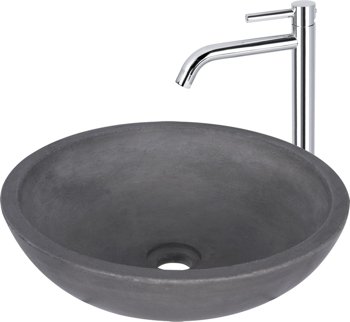 Differnz Ravano Fonteinset - Beton Donkergrijs - Hoge Wastafelkraan Gebogen - Kraan Warm & Koud - Chroom