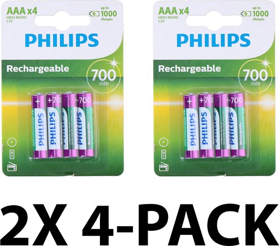 Twee verpakkingen Philips AAA oplaadbare batterijen, elk met 4 stuks. De batterijen zijn 700 mAh en tot 1000x oplaadbaar.