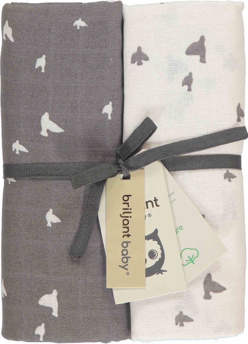 Goedkoopste Briljant Baby Hydrofiel Multidoek XL Birds - Swaddle - Inbakerdoek - Antraciet - 120x120 - 2 Stuks - Organic