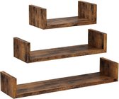 U-vormige wandplank, set van 3, zwevende plank in vintage stijl, wandmontage, voor decoraties, woonkamer, slaapkamer en kantoor, houtlook, donkerbruin LWS36BX