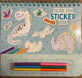 Sticker kleurboek 8 pagina's met leuke dino stickers 6 mini-kleurpotloden Kleur je sticker en plak hem op een mooie plek dino stickers