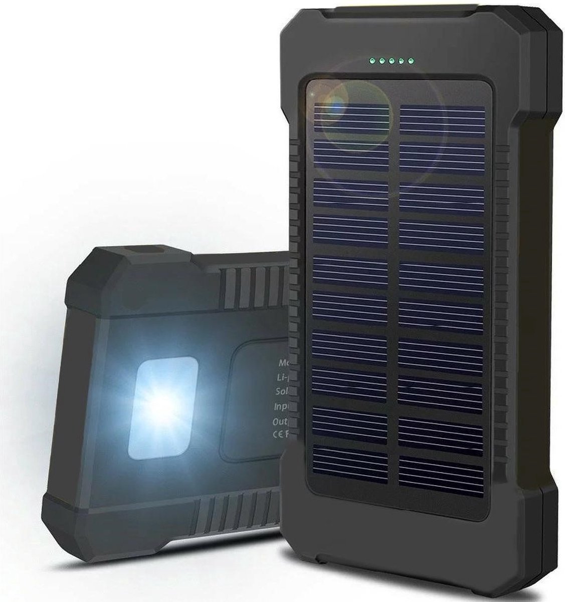 Solar charger - Powerbank - Oplader - 20.000mAh - Zonne-energie - Incl LED verlichting - Kompas - Zwart - 2x USB Output
