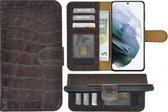 Geschikt voor Samsung Galaxy S21 hoesje - Bookcase - S21 Hoesje Book Case Wallet Echt Leder Croco Chocoladebruin Cover