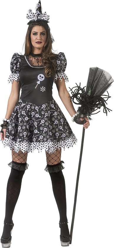 Funny Fashion - Heks & Spider Lady & Voodoo & Duistere Religie Kostuum - Verleidelijke Snoep Heks Enge Lollies - Vrouw - - Maat 36-38 - Halloween - Verkleedkleding