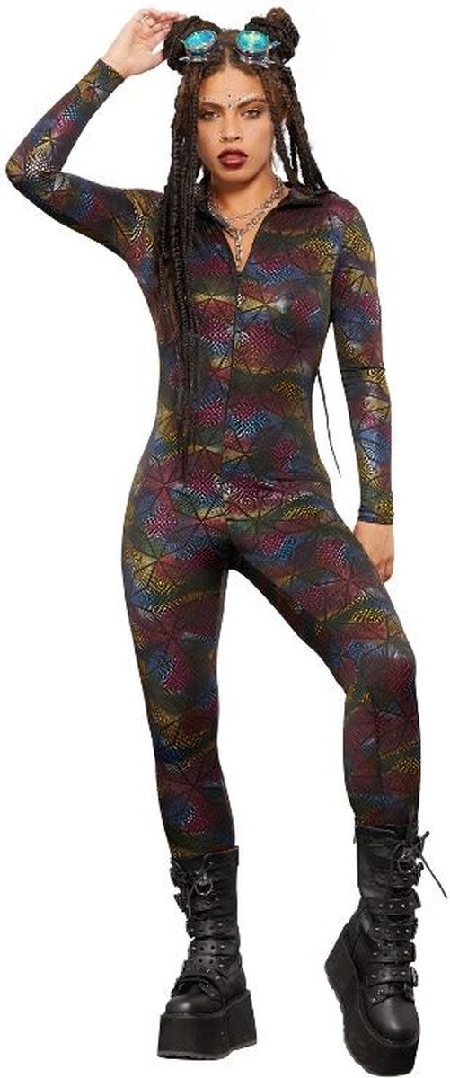 Fever Catsuit -XS- Miss Whiplash Geometric Print Regenboog
