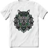 Uil - Dieren Mandala T-Shirt | Groen | Grappig Verjaardag Zentangle Dierenkop Cadeau Shirt | Dames - Heren - Unisex | Wildlife Tshirt Kleding Kado | - Wit - 3XL