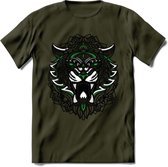 Tijger - Dieren Mandala T-Shirt | Groen | Grappig Verjaardag Zentangle Dierenkop Cadeau Shirt | Dames - Heren - Unisex | Wildlife Tshirt Kleding Kado | - Leger Groen - S