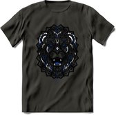 Leeuw - Dieren Mandala T-Shirt | Donkerblauw | Grappig Verjaardag Zentangle Dierenkop Cadeau Shirt | Dames - Heren - Unisex | Wildlife Tshirt Kleding Kado | - Donker Grijs - XL