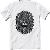 Leeuw - Dieren Mandala T-Shirt | Grijs | Grappig Verjaardag Zentangle Dierenkop Cadeau Shirt | Dames - Heren - Unisex | Wildlife Tshirt Kleding Kado | - Wit - S