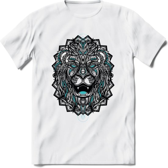 Leeuw - Dieren Mandala T-Shirt | Lichtblauw | Grappig Verjaardag Zentangle Dierenkop Cadeau Shirt | Dames - Heren - Unisex | Wildlife Tshirt Kleding Kado | - Wit - M