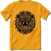 Beer - Dieren Mandala T-Shirt | Oranje | Grappig Verjaardag Zentangle Dierenkop Cadeau Shirt | Dames - Heren - Unisex | Wildlife Tshirt Kleding Kado | - Geel - 3XL