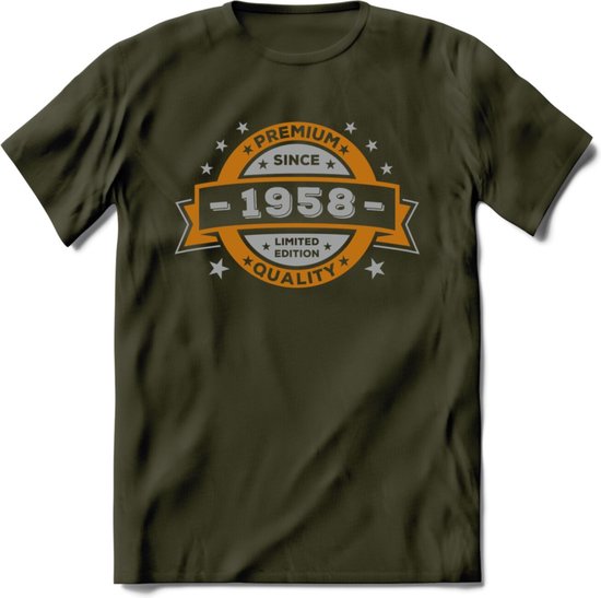 Premium Since 1958 T-Shirt | Zilver - Goud | Grappig Verjaardag en Feest Cadeau Shirt | Dames - Heren - Unisex | Tshirt Kleding Kado | - Leger Groen - L