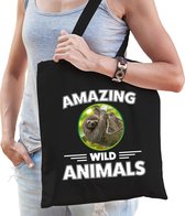 Katoenen tasje luiaard - zwart - volwassen + kind - amazing wild animals - boodschappentas/ gymtas/ sporttas - luiaarden fan