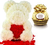 Rozen Beer - Rozen Teddybeer - Rozenbeer - Valentijnsdag- Valentijn- Knuffelbeer - 40cm - Inclusief Luxe Giftbox - Ferrero Rocher Chocolade - Wit