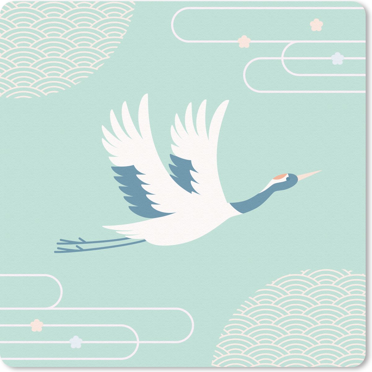 Muismat - Mousepad - tekening van een Chinese kraanvogel blauwe achtergrond - 30x30 cm - Muismatten
