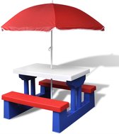 Decoways - Kinderpicknicktafel met banken en parasol meerkleurig