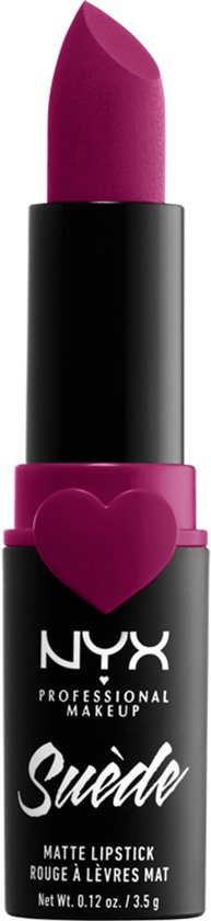 Zwarte huls met roze hart, waaruit een matte, fuchsia lippenstift steekt.
