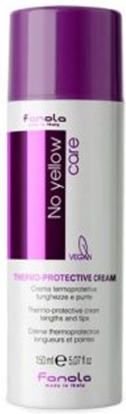 Fles met paarse dop, witte body met paarse verticale streep en tekst 'No yellow care'. Thermoprotective cream.