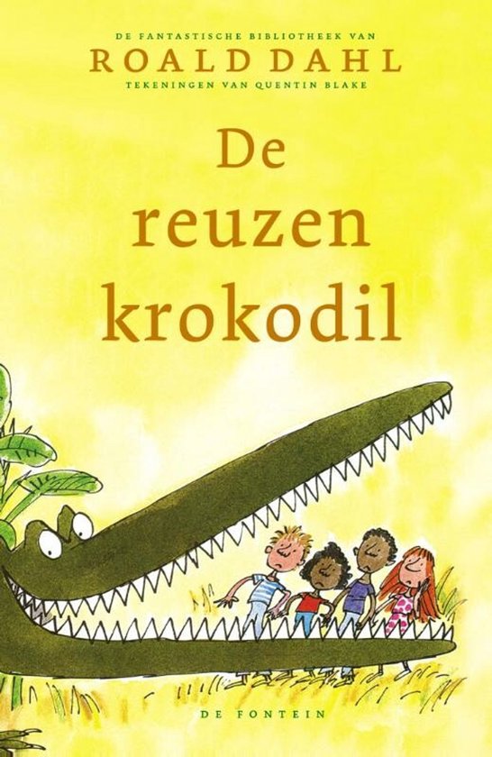 De reuzenkrokodil. Tekening van een grote groene krokodil met open bek en tanden, die vier kinderen bedreigt. Titel in gele letters.