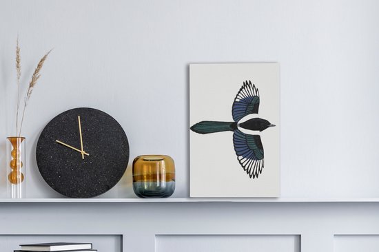 Peinture sur toile dessin d'un oiseau pie en vol - 20x30 cm - Décoration murale